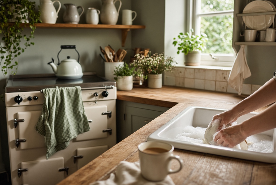 A cottage kitchen, a cup of tea on the side, hands doing the washing up