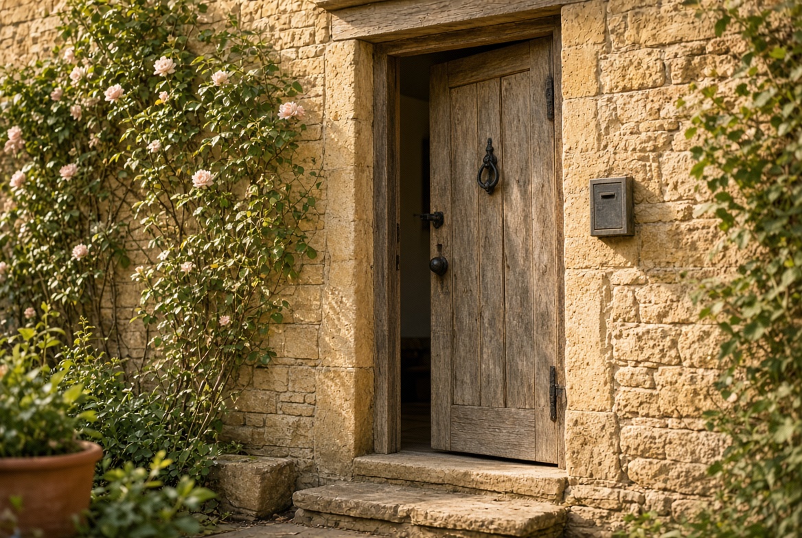 Oak front door of a Cotswold stone cottage